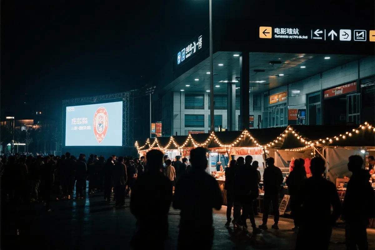 费城球迷广场夜景：大屏观赛人群、步行指示牌与公共交通入口